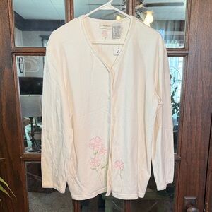 Jaclyn Smith Cream Floral Embroidered Crochet Trim Button Front Cardigan XL